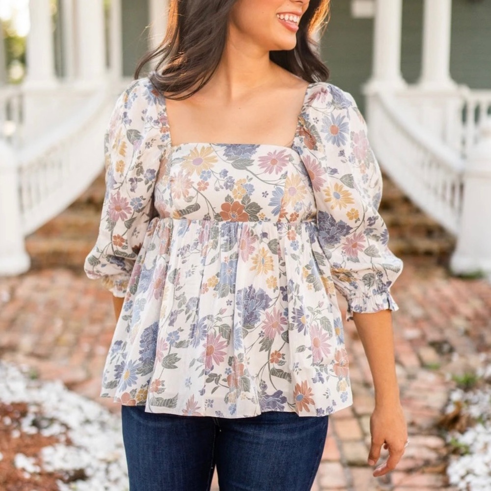 Roolee Cream Floral Puff Sleeve Peplum Blouse